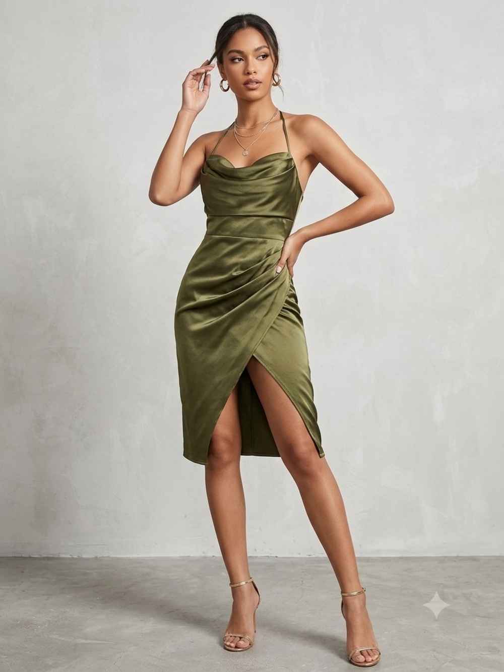 Olive Satin Cowl Neck Midi Dress with Side Ruched Slit